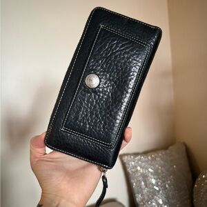 Coach Black Pebbled Leather Zip Wallet with Silver Snap